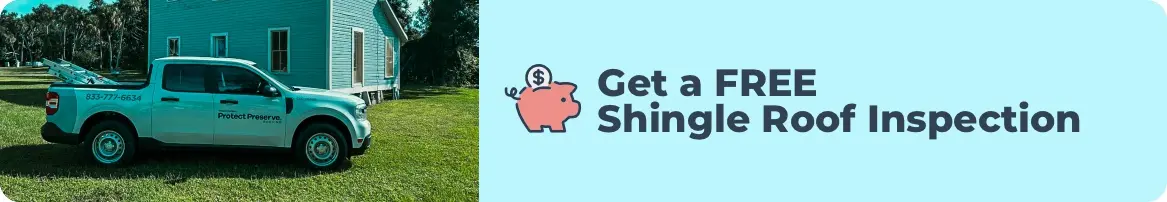 Desktop promotional banner featuring a branded service truck from a Roofing Company in Tampa, inviting homeowners to get a free shingle roof inspection.