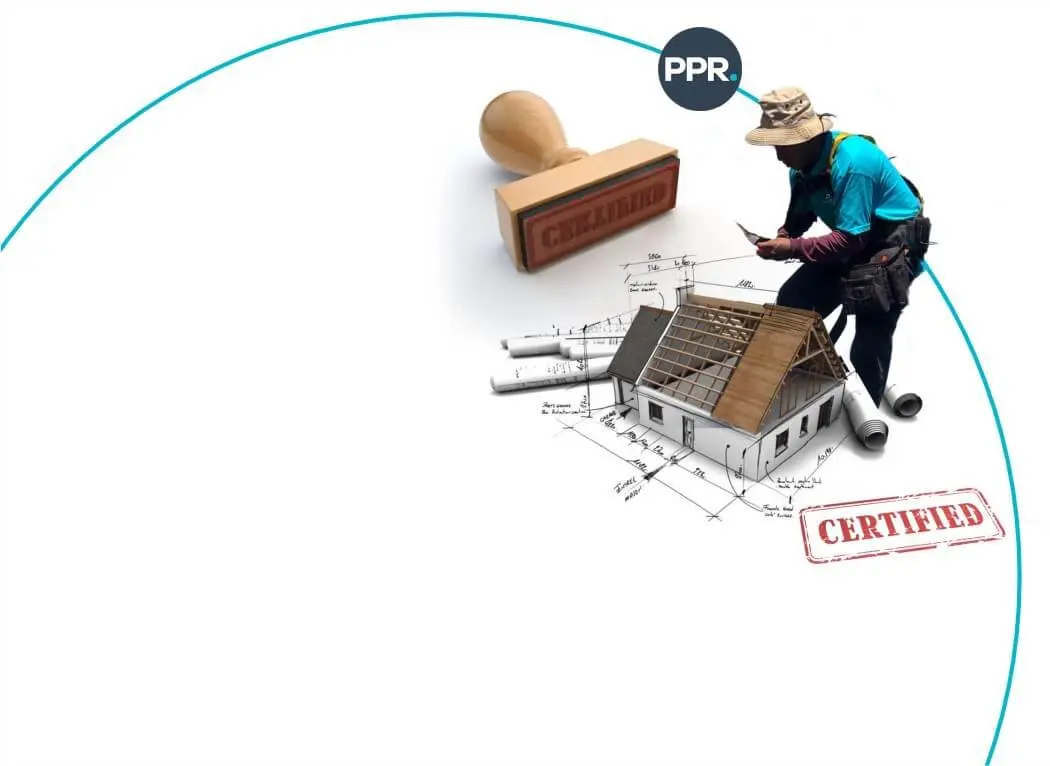 Certified roofing inspection with contractor reviewing house plans, ensuring high-quality work to protect and preserve roofing systems.