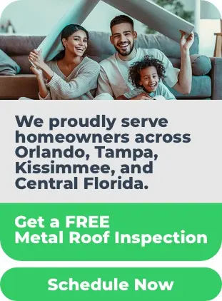 Mobile banner featuring a happy family, advertising metal roof repair service for homeowners in Orlando, Tampa, and Kissimmee with a free inspection offer.