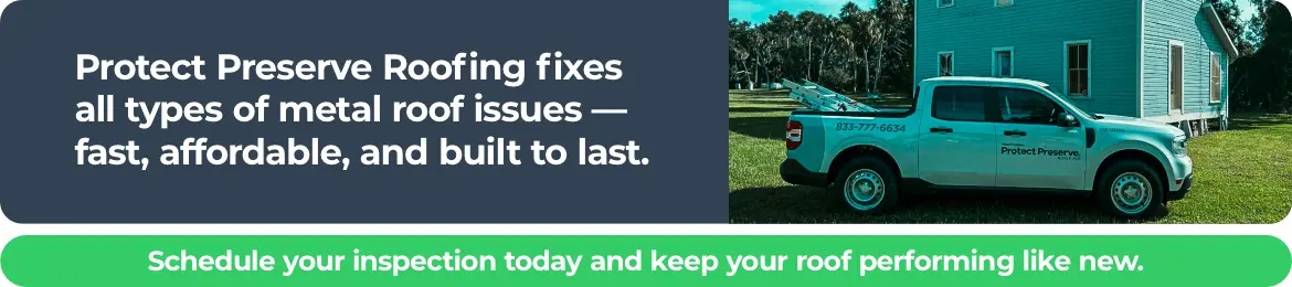 Website banner for Protect Preserve Roofing featuring a service truck and text advertising fast, affordable metal roof repair service built to last.