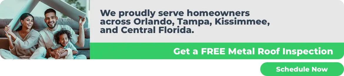 Vertical promotional banner featuring a smiling family, offering a free inspection for metal roof repair service to homeowners in Orlando, Tampa, and Kissimmee.
