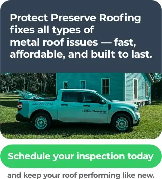Vertical mobile banner for Protect Preserve Roofing encouraging users to schedule an inspection for metal roof repair service.