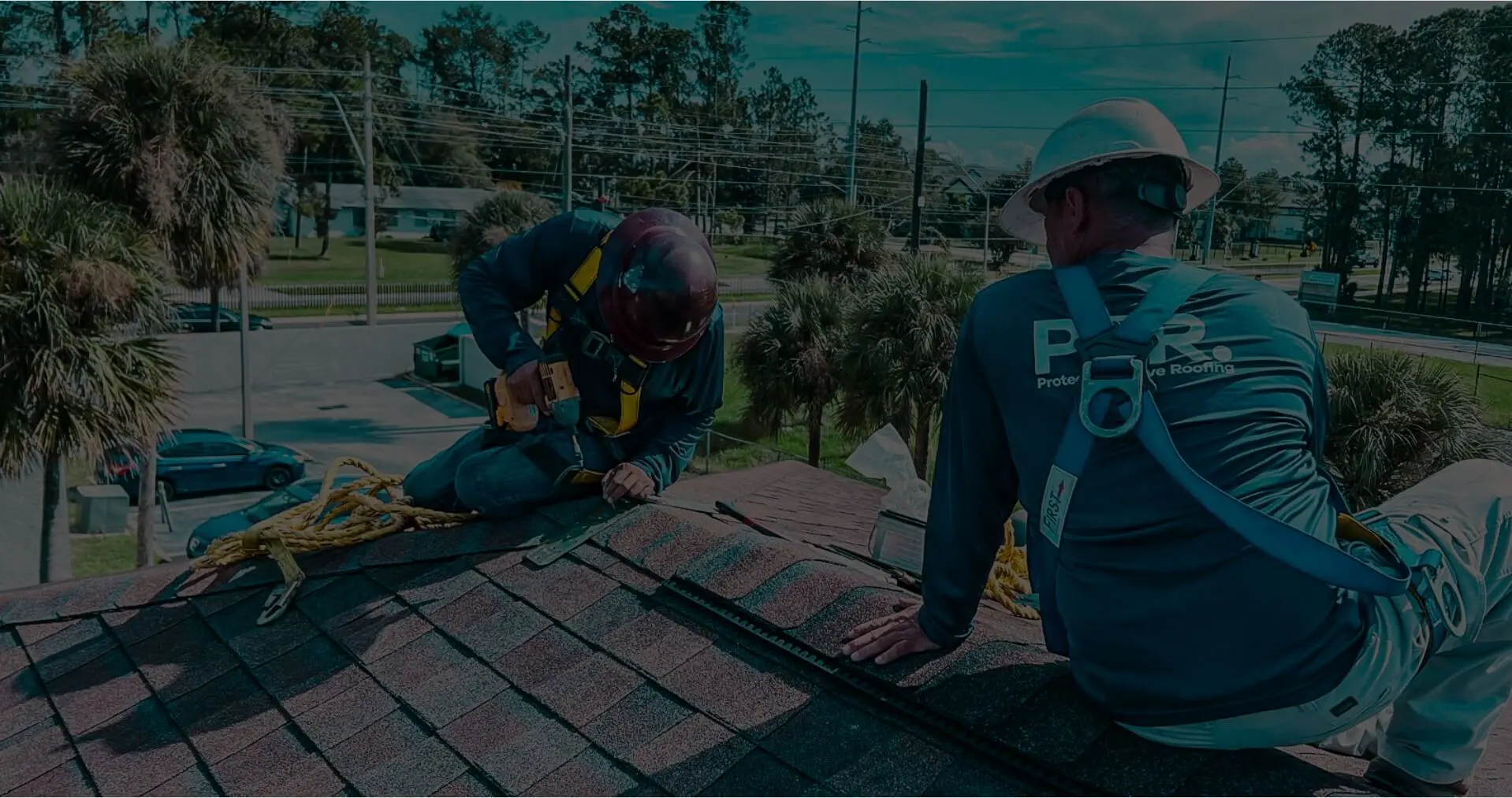 Two roofers are working on a dark shingled roof, both wearing harnesses and protective gear. One roofer, seen from behind, is wearing a light-colored helmet and a long-sleeved shirt with "PPR. Protective Roofing" on the back. He is sitting on the roof, looking towards the other roofer. The second roofer, on the left, is wearing a dark helmet and a blue long-sleeved shirt, and is kneeling while operating a power tool on the roof. Yellow ropes are visible near them. In the background, there are palm trees, other greenery, and power lines, suggesting an outdoor, possibly residential, setting under a bright sky