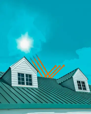 Green metal roof reflecting sunlight with arrows illustrating heat deflection, showcasing how protect preserve roofing enhances energy efficiency