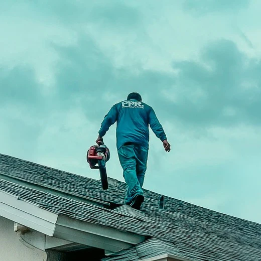 A roofing technician from Protect Preserve Roofing walks on a shingle roof while carrying a power tool, likely for maintenance or inspection.