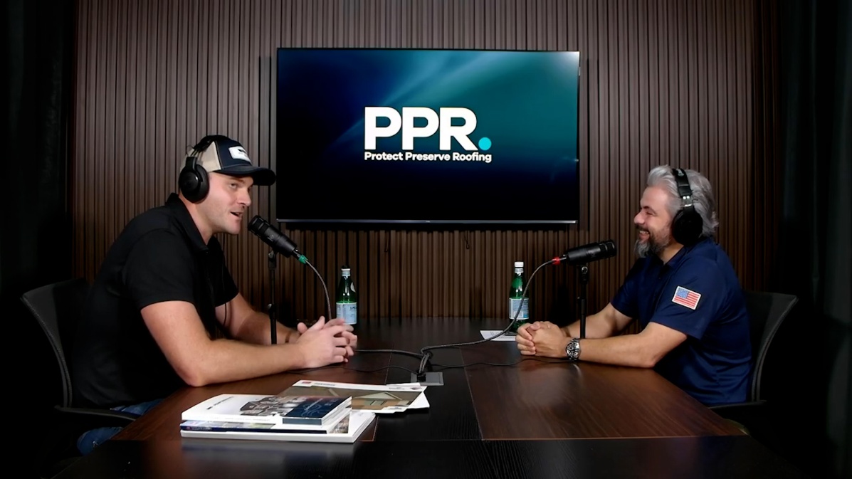 Two men hosting a podcast interview for Protect Preserve Roofing, with the company logo displayed on a large screen in the background.