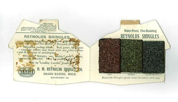 Protect Preserve Roofing vintage sample booklet of Reynolds Shingles, featuring red, green, and blue-black fire-resistant and waterproof roofing materials.