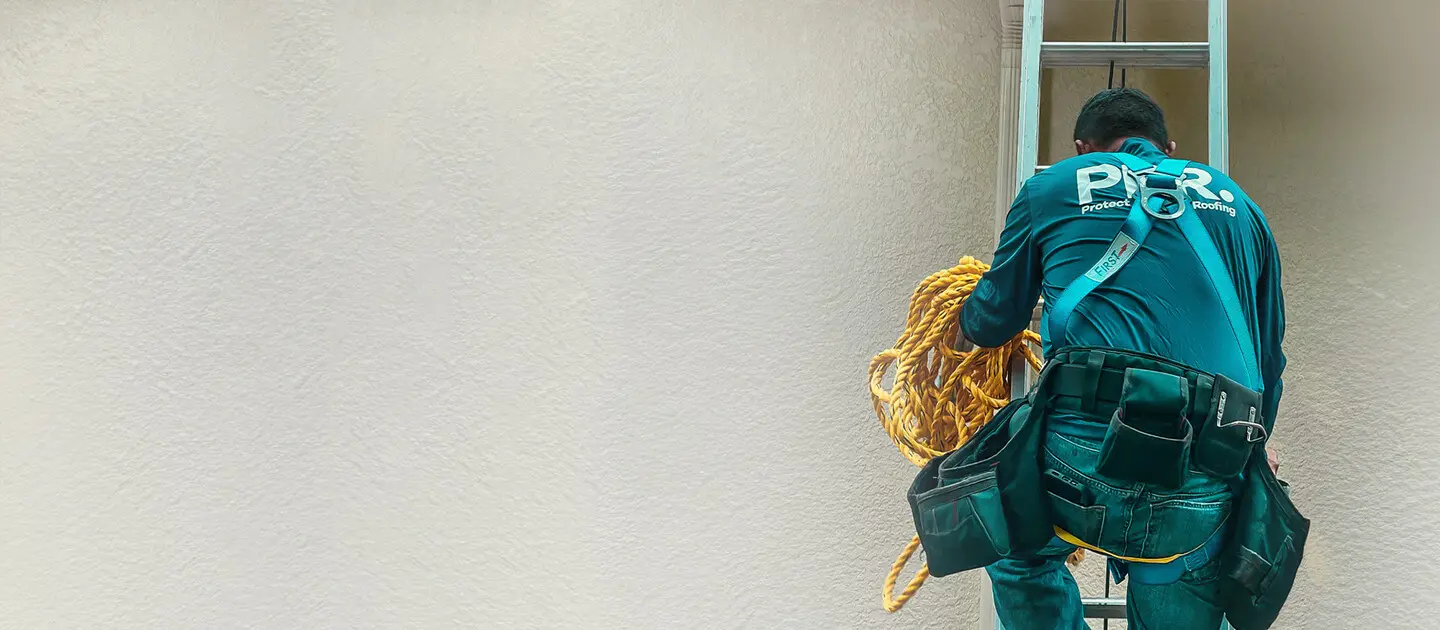 A worker from Protect Preserve Roofing climbing a ladder towards a roof, wearing a tool belt and safety harness.