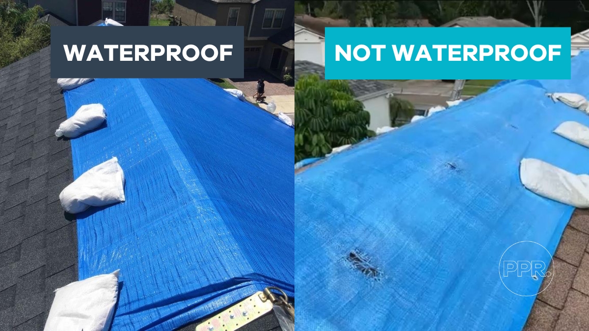 Comparison of a waterproof roof tarp on the left and a torn, non-waterproof tarp on the right, both secured with sandbags.