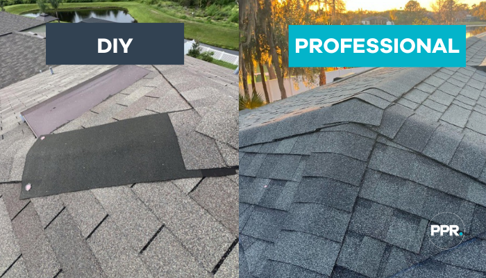 Comparison of DIY roof repair versus professional roof repair, showing improper patching on the left and a properly finished roof on the right.