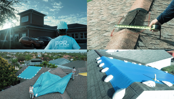 Four-step collage showing roof damage assessment, measurement, tarp installation, and a fully secured blue roof tarp with sandbags.