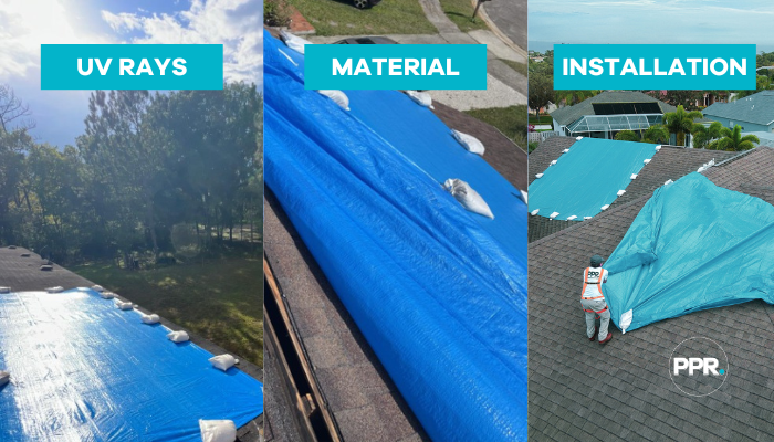 Three-panel collage showing how UV rays, tarp material, and installation quality affect the lifespan of a blue roof tarp.