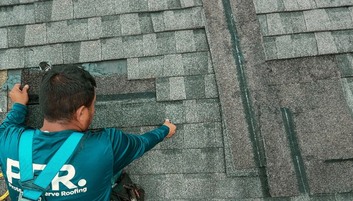 Man with equipment repairing the roof to represent the keyword roof repair.