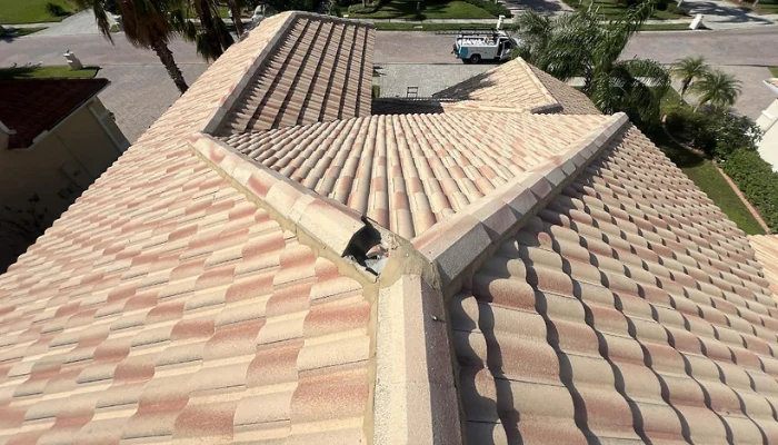 Roof being seen from above where a tile is broken to represent the keyword broken shingle roof damage.