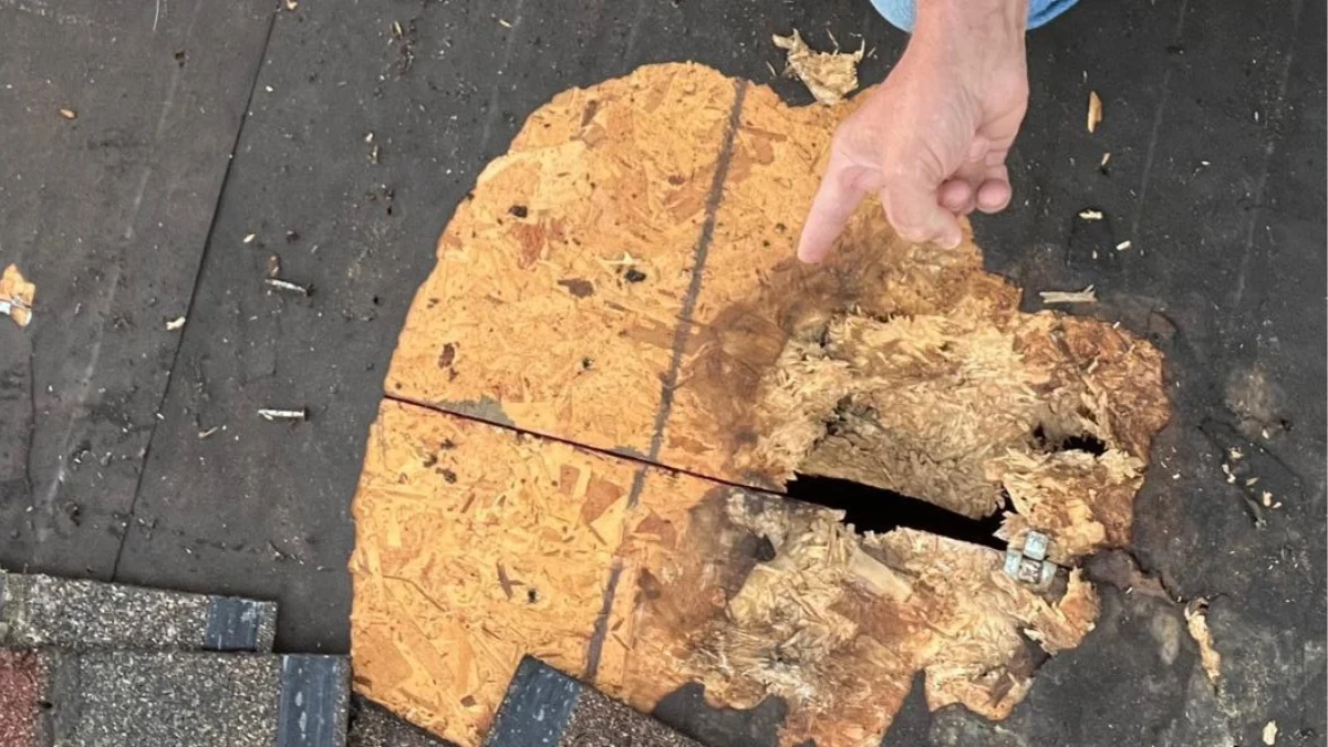 Roof with rain damage, one shingle removed to represent the keyword can I repair a roof leak myself.