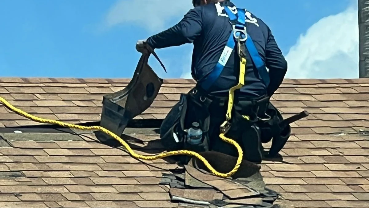 Man removing shingle on a roof to represent the keyword hot to repair a shingle roof leak.