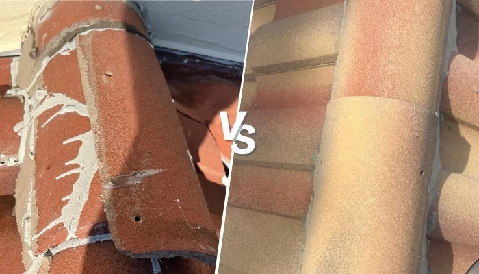 Roof showing the before and after of a job to represent the keyword repair a roof leak.
