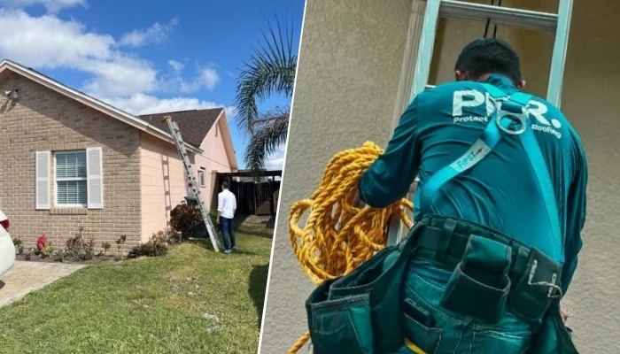 A man descending a ladder next to an image of a house to represent the keyword roof repair