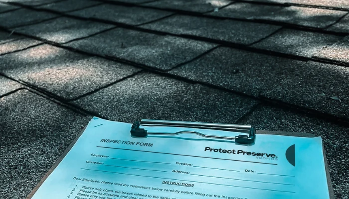Clipboard on a roof with shingles to represent the keyword architectural roof shingles vs asphalt insurance.