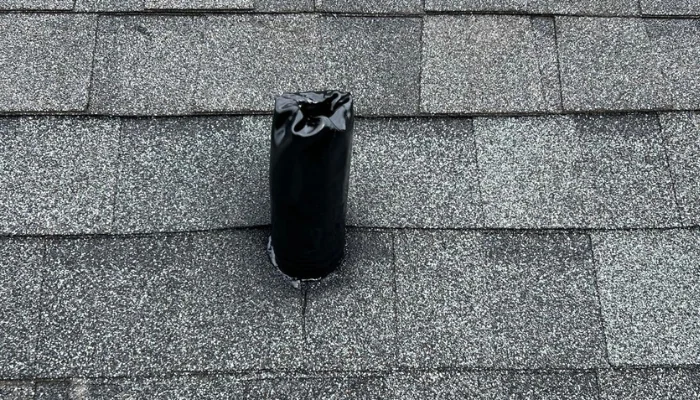 Roof with a new pipe placed to represent the keyword asphalt shingle pipe.