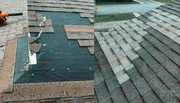 Before and after roof repair to represent the keyword asphalt shingle roof replacement.