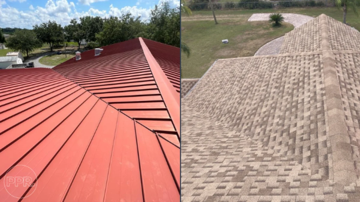 Two roofs side by side to represent the keyword metal roof or asphalt shingles.