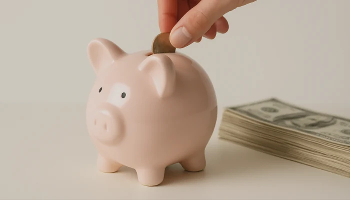 A pink pig piggy bank to store coins to represent the keyword roofing material costs.