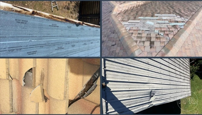 Four images showing different roofing problems to represent the keyword roof problems signs.