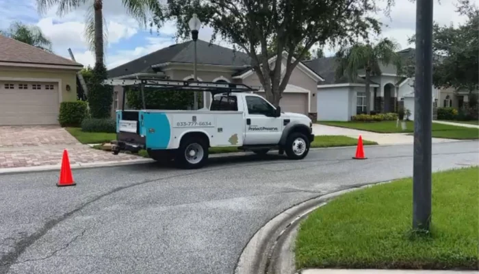 Truck parked in a quiet neighborhood to represent the keyword benefits of planning a roof replacement.