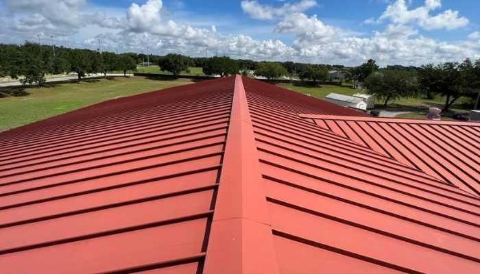 Metal roof photographed from above to represent the keyword commercial rooging systems.