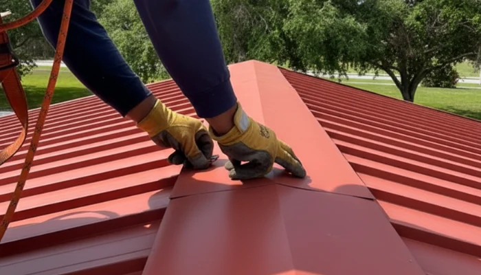 Red metal roof seen from above with a man making repairs to represent the keyword metal roof repair services.