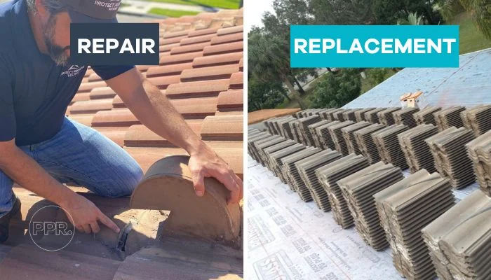 Photos showing a roof being repaired and another being replaced to represent the keyword preventing future leaks.