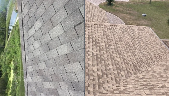 Two roofs side by side for comparison to represent the keyword repair roof shingles.