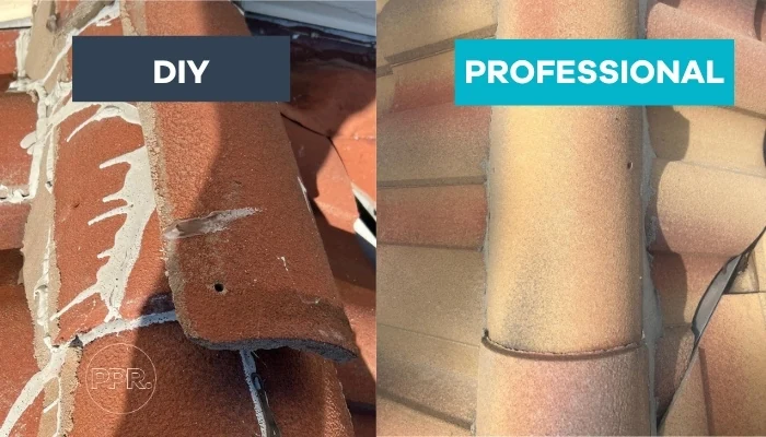 Two shingles to showcase professional work vs. that of an amateur to represent the keyword shingle roof repair cost.