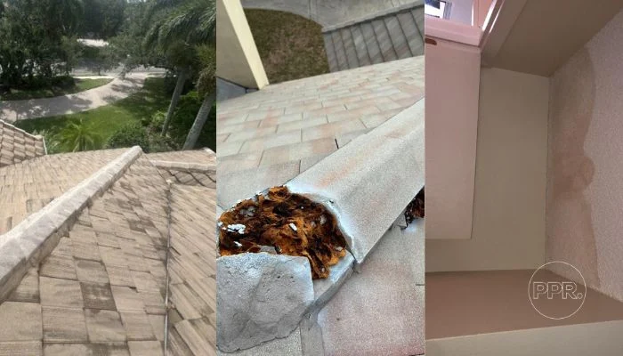 Photos of roofs positioned side by side to represent the keyword tile roof leak repair.