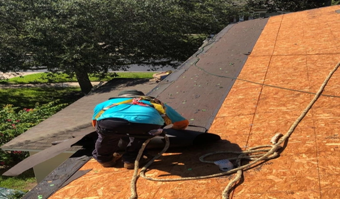 A professional roofer installs protective underlayment over OSB boards, a key step when evaluating what is the best option for roof decking performance.