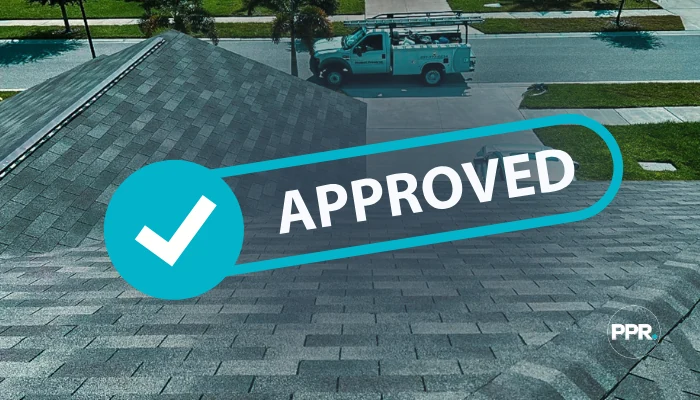 Roof with symbol indicating approved to represent keyword finance for leaking roof.