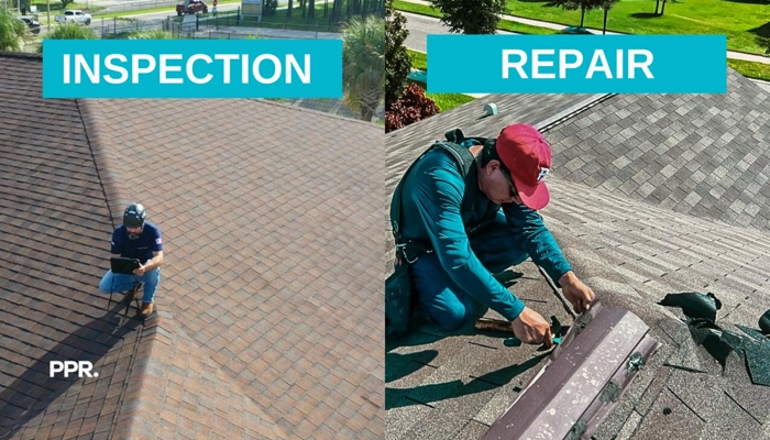 A split-screen image showing a professional inspector using a digital tablet on a roof (left) and a contractor performing manual shingle replacement (right), highlighting the best practices for scheduling roof inspections and repairs.
