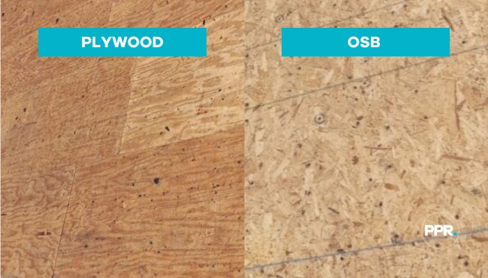 A side-by-side comparison showing the texture differences between plywood and OSB to help homeowners decide what is the best option for roof decking.