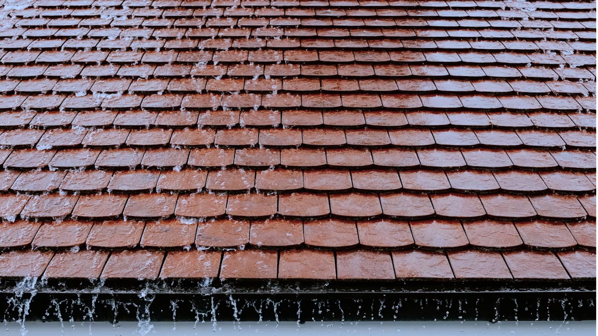 Weathered roof tiles with visible wear and moisture, showing signs that roof maintenance or inspection may be needed.